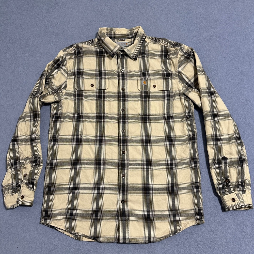Carhartt Flannel Button-Up Shirt Long Sleeve Plaid‎ Cream Black Mens Size L Tall